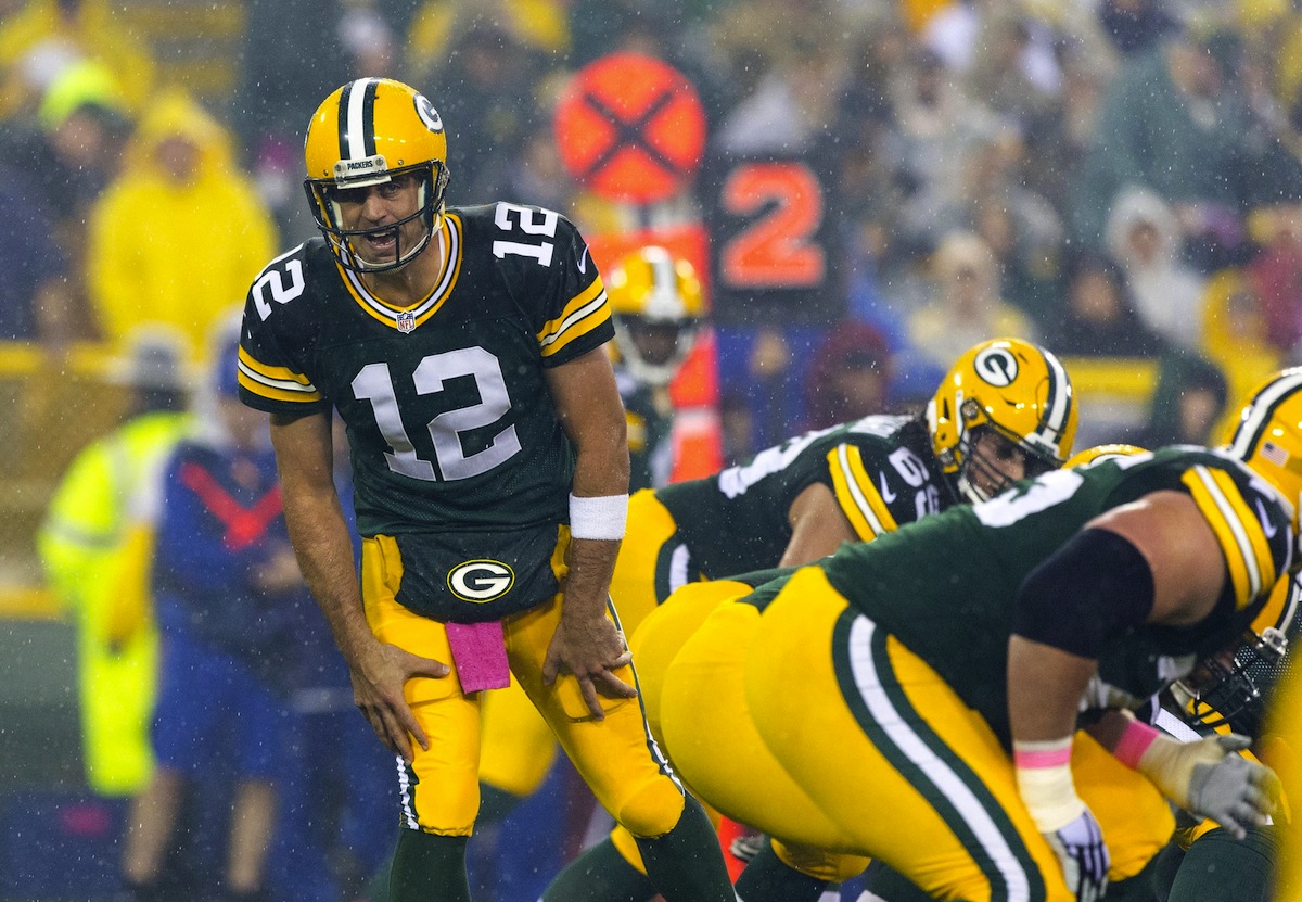 Green Bay Packers quarterback Aaron Rodgers by Jeff Hanisch—USA TODAY Sports.